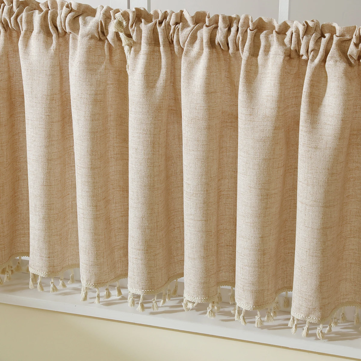 1pc Japanese Boho Style Short Curtain,Rod Pocket ,Polyester Fabric Window Semi Curtain with Tassel,for Window, Door, Cabinet