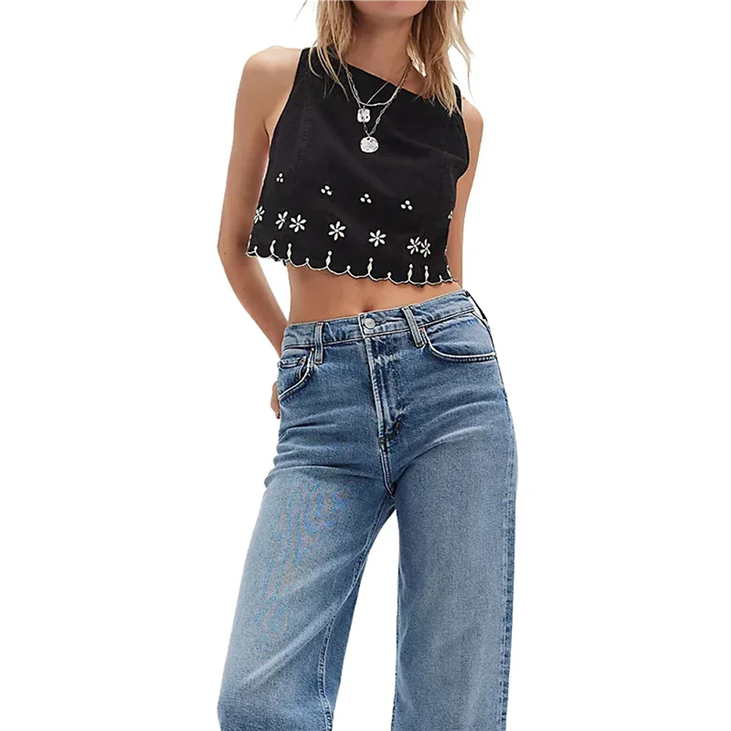 FX-chemisier sans manches à col rond pour femme, couleurs contrastées ondulées, bordure d'ourlet, broderie