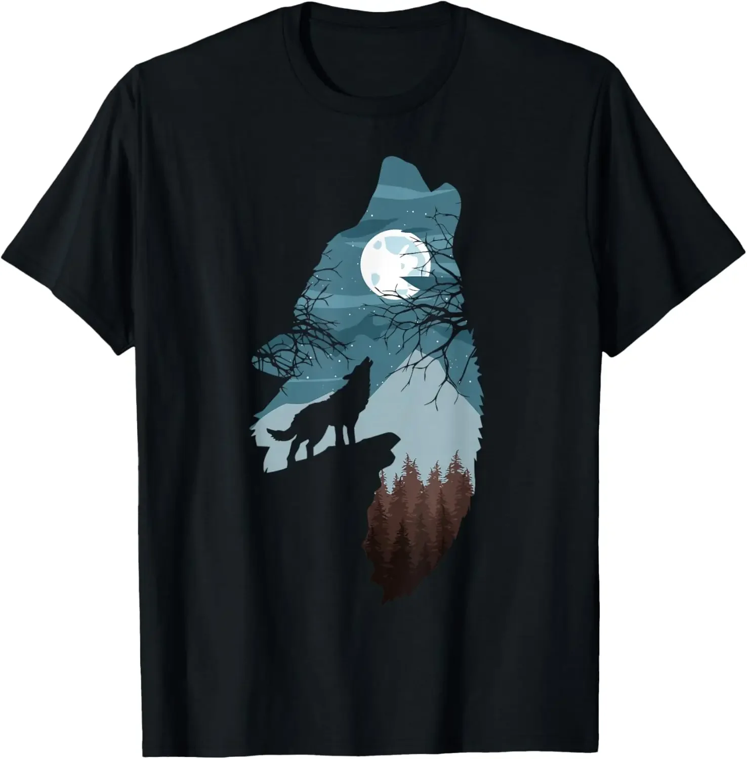 

Wolf Howling At Moon Silhouette Graphic T-Shirt Breathable Cotton Round Neck Tee for Men