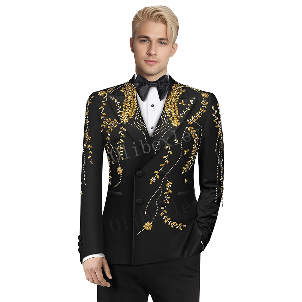 B25 Luxury Gold Beaded 2 PCS Mens Suits For Wedding Slim Fit Black Double Breasted Groom Tuxedos Tailored Made Man Costume Homme