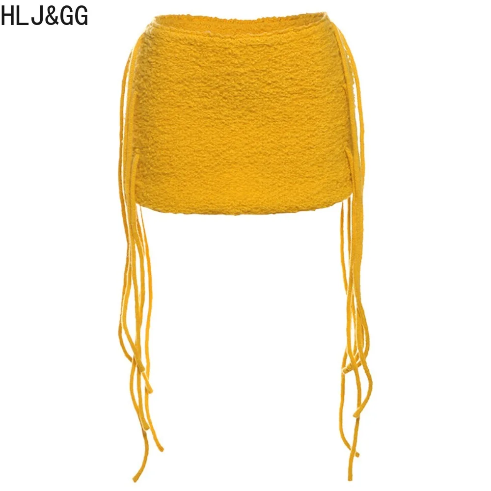 HLJ & GG-Conjunto de dos piezas de tubo Irregular de encaje hueco para mujer, Top corto ajustado sin mangas con hombros descubiertos y Mini faldas con borlas, trajes