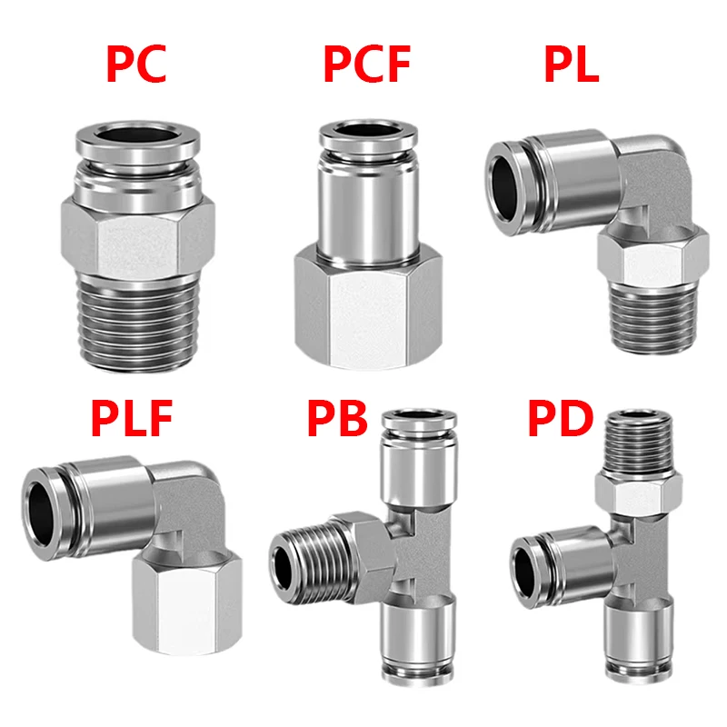 304 Stainless Steel Pneumatic Hose Fittings PC PCF PL PLF PB PD Quick Release Pipe Connectors, 1/8, 1/4, 1/2 BSP Air Tube
