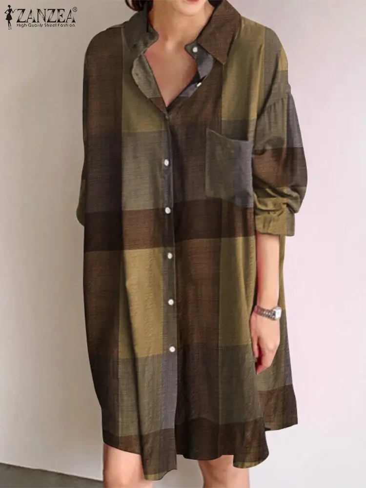 Vintage Check Shirt Dress ZANZEA Women Summer Sundress Robe Femme Casual Long Sleeve Short Vestidos Female Lapel Button Kaftan