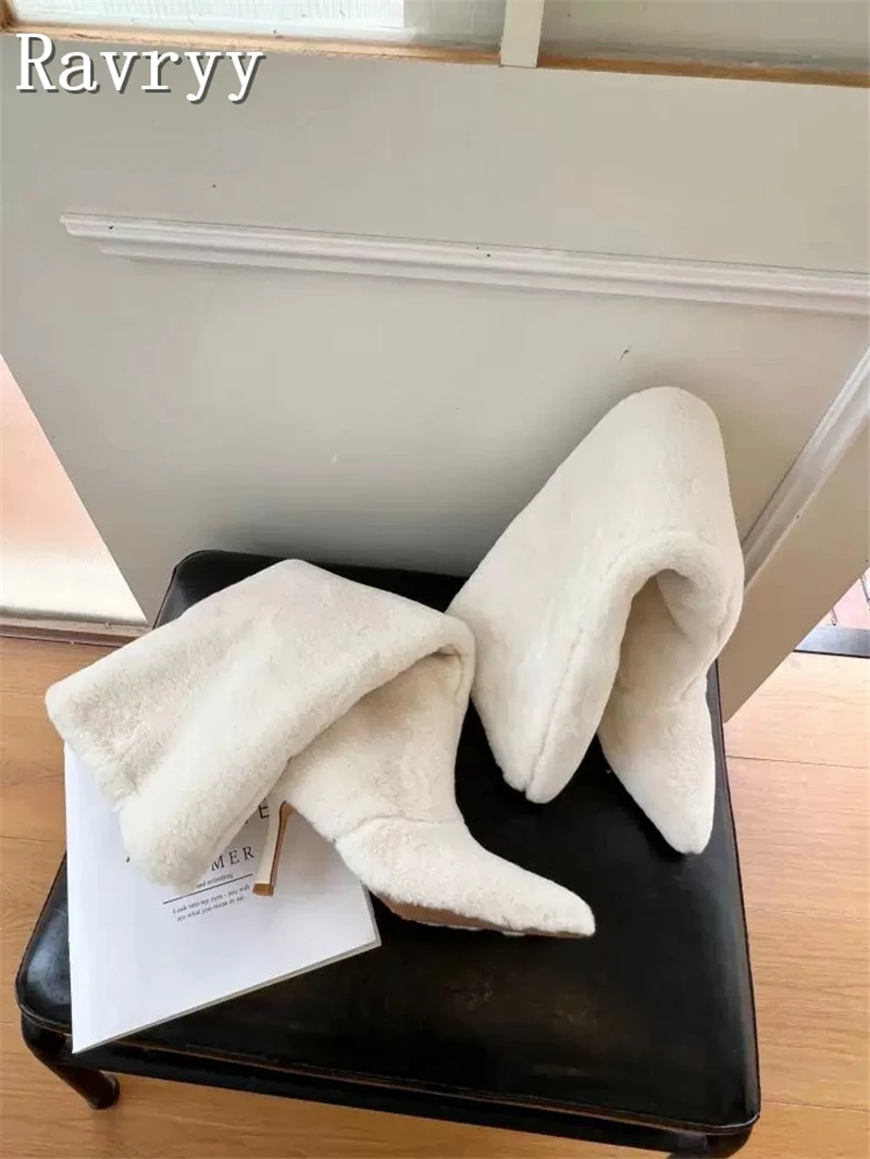 

White Black Soft Fur Stiletto Heel Knee High Boots Women Brand Design Pointed Toe High Heels Winter Warm Long Snow Boots