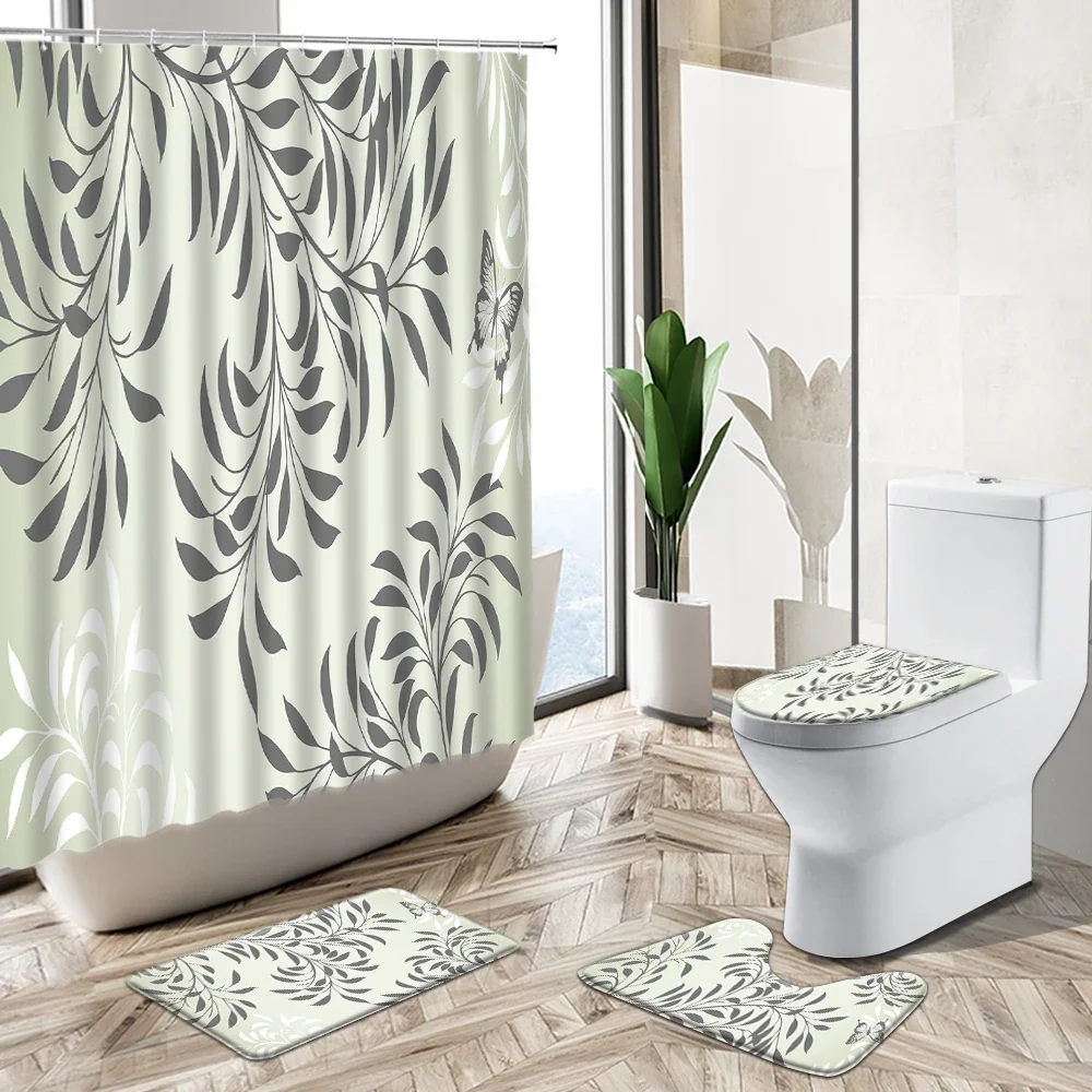 Plant Green Leaf Butterfly Printed Shower Curtain Set Spring Pastoral Style Home Decor Bath Mat Toilet Lid Cover Bathroom Carpet