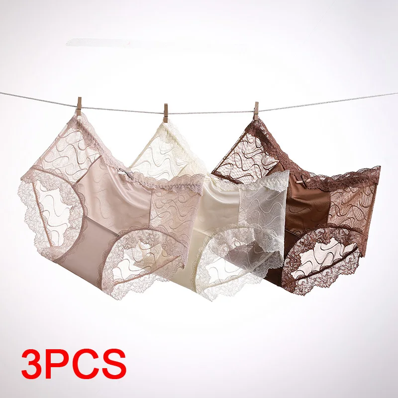 3Pcs Fashion Briefs Panties Women  Underwear Lace Soft Flowers Women's Panties Set Lingerie Sexy Lady Triangular Underpants