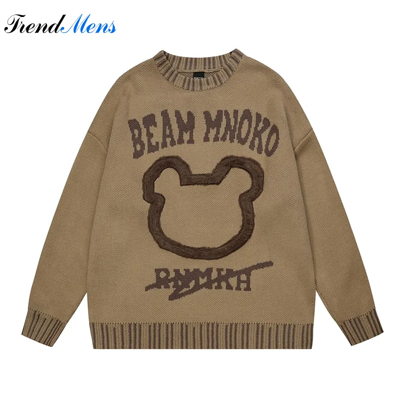 Little Bear Flocking Embroidered Sweater MenTrend High Street Loose Casual Couple Pullover Round Neck Underlay chompa de hombre