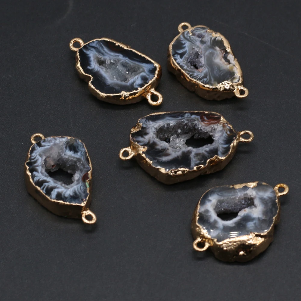 1pc Semi-precious Stone Connectors Druzy Quartz Crystal Geode Agate Charms Gold Plated Gems Pendant Connector Jewelry Making DIY