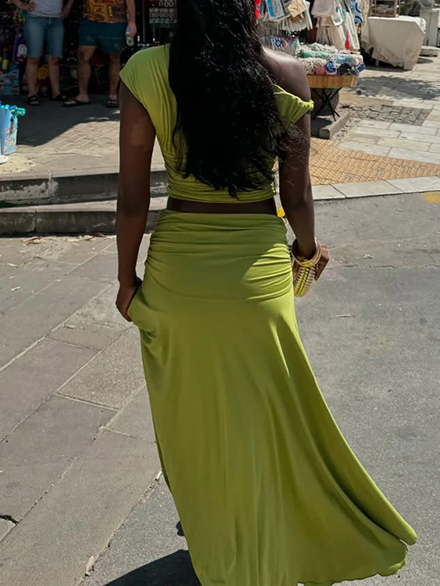 ZIML 솔리드 스플라이스 폴드 투피스 세트 여성용 사선 칼라 슬리브리스 숏탑 하이웨이스트 롱 스커트 캐주얼 세트