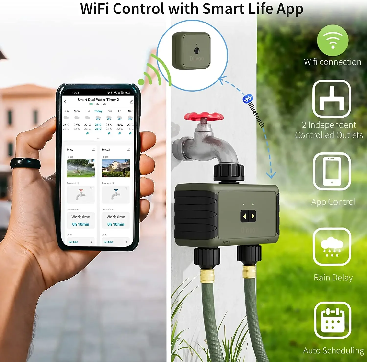 Diivoo-WiFi Temporizador De Água, Inteligente Válvula De Irrigação, Sprinkler Irrigação Controlador, Jardim Rega Automática Sistema 2 Zona