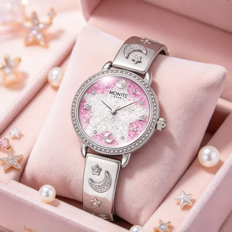 Midnite Star Women's Quartz Watch, Pink Star Moon Dial, Alloy Bangle Wrist Watch, Elegant Dress Watch for Girls Birthday Gift