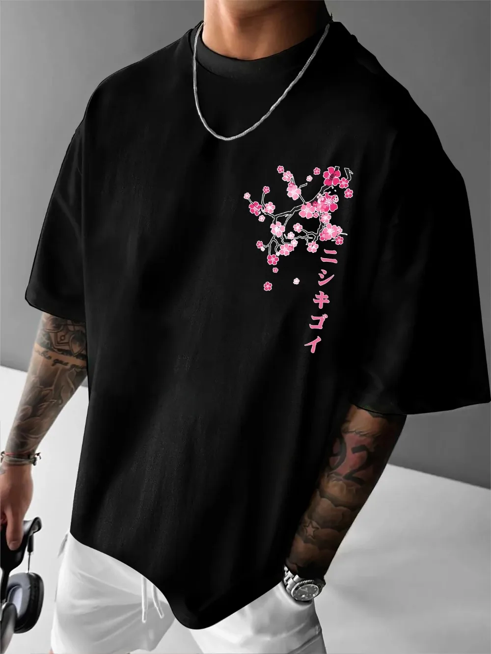 Japanese Koi Fish Cherry Blossom Pattern 3D Print Breath Quick-dry Men's Large-size T-shirt Leisure Street Parent-child Clothing