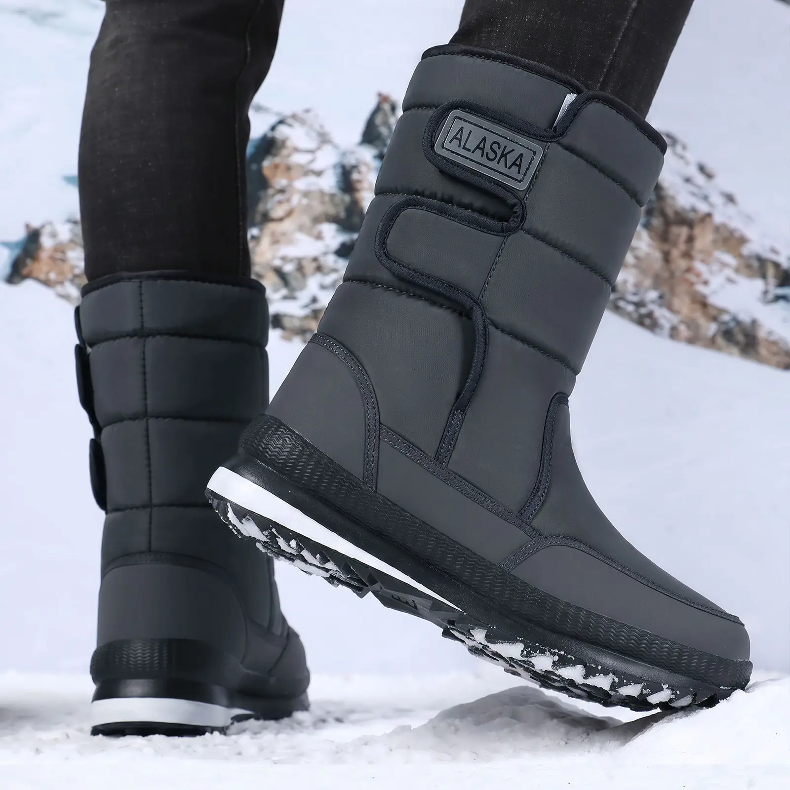 Damen-Winterstiefel, dick gefüttert mit Fleece, wasserdicht, mit Klettverschluss, mittelhohe Stiefel, rutschfest, warmes Outdoor-Schuhwerk für kaltes Wetter. – Detail 2