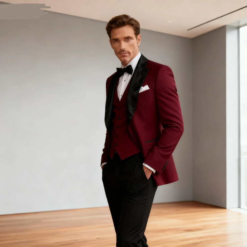 

Men's Slim Fit Double Breasted Vest and Pants Suit, Groom Tuxedos, Business Suits, Wedding Party, Rose Red, 3 Pcs
