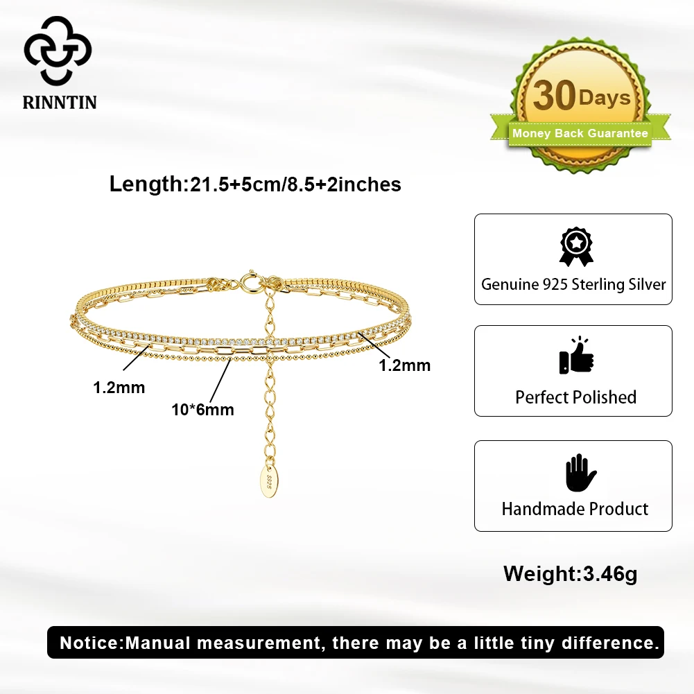 Rinntin 925 Sterling Silver 3 Layered Chain Anklet for Women Girls Summer Sexy Beach Foot Chain Ankle Straps Jewelry SA104