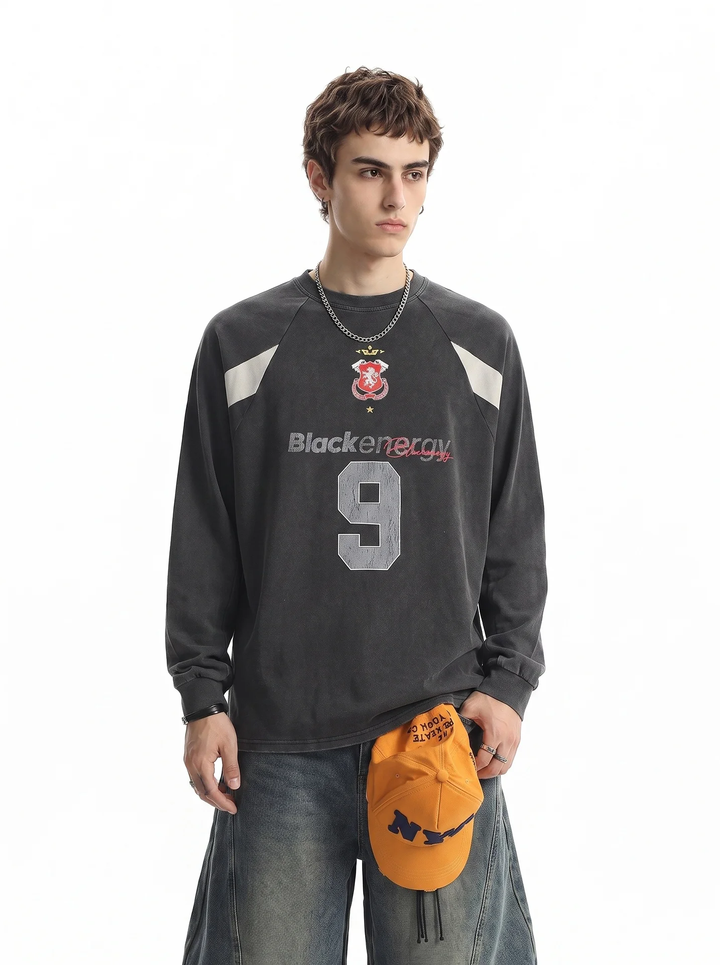 BETEBULE American High Street Long Sleeve T-Shirt Men's Autumn Trendy Sport Loose Top Color Block Digital Print Shoulder Inse...