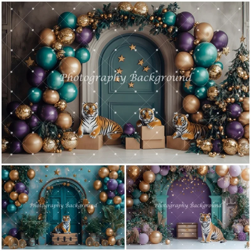 Luxury Palace Royal Purple Balloon Backdrop for Baby Birthday Party Decor Tiger Theme Photo Photographic Background Studio Props