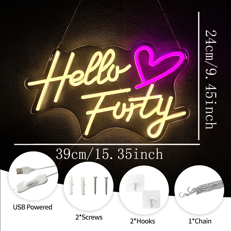 Hello Forty Neon Sign For Wall Decor,Led Neon Light For Woman Happy Birthday 40th Birthday Gifts,Bedroom,Office,Shop,Party