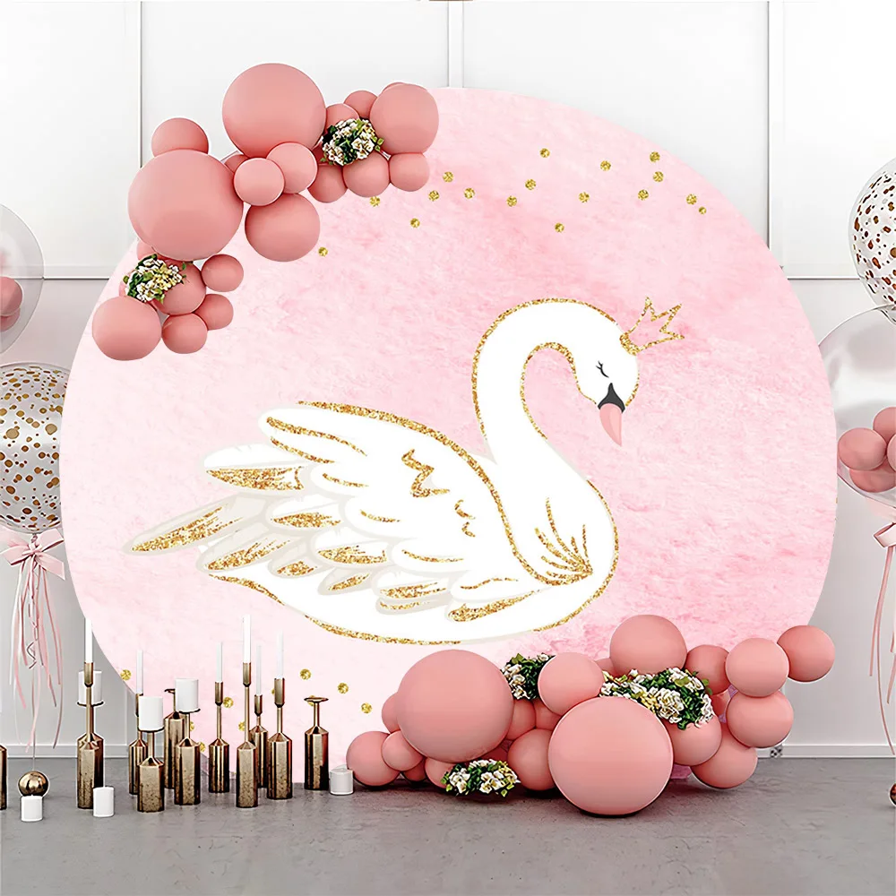 Mehofond Round Photography Background White Swan Pink Gold Crown Girls Birthday Elastic Cover Round Decor Backdrop Photo Studio