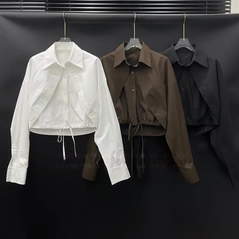 HKSH Women Shirt Fashion Fake Two-Piece Patchwork Design Simple Elegant Solid Color High Street Long Sleeve Short Blouse HK27141