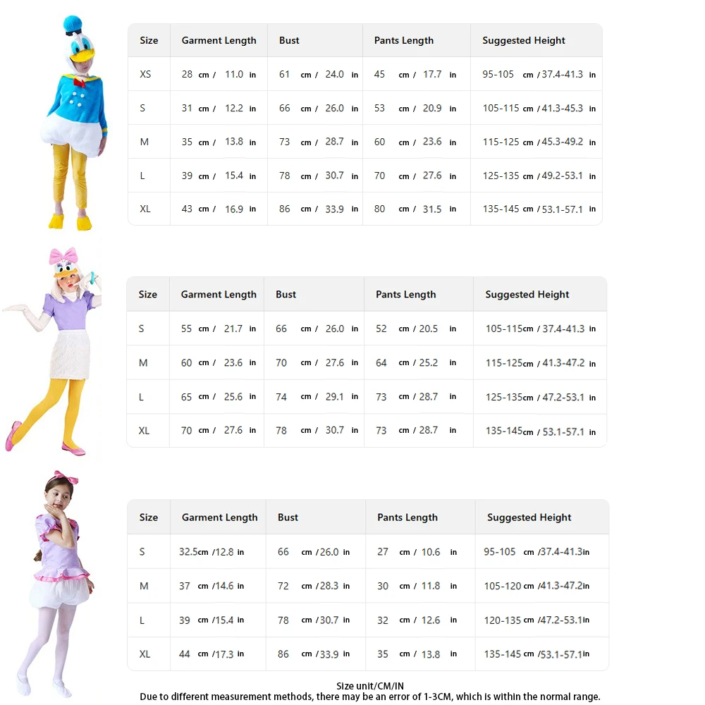 도널드 데이지 덕 파티 의상 세트 컬러풀 클래식 만화 캐릭터 역할 놀이 의상 가족 파티 드라마 공연용