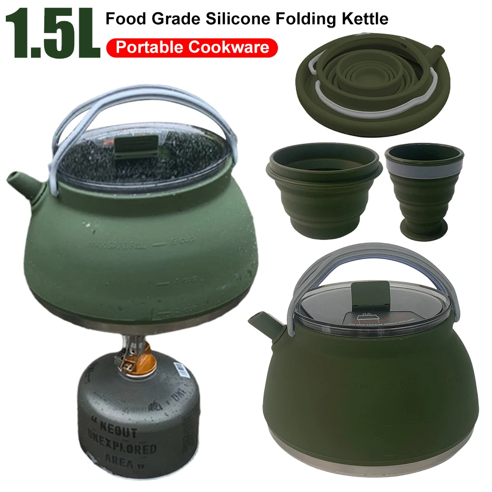 

Силиконовый чайник 1,5 л с ручкой и дном из нержавеющей стали, складной чайник для кемпинга, портативная посуда для путешествий, пикника