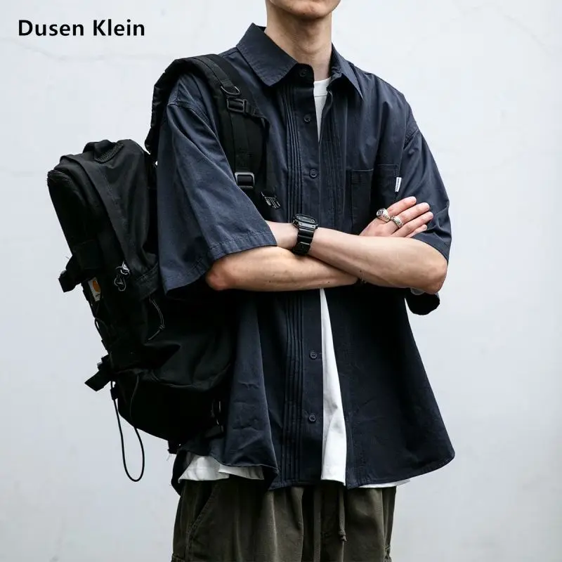 

Dusen Klein японская рабочая одежда в стиле ретро, рубашка с карманами, мужская свободная хлопковая рубашка с квадратным вырезом и средним рукавом