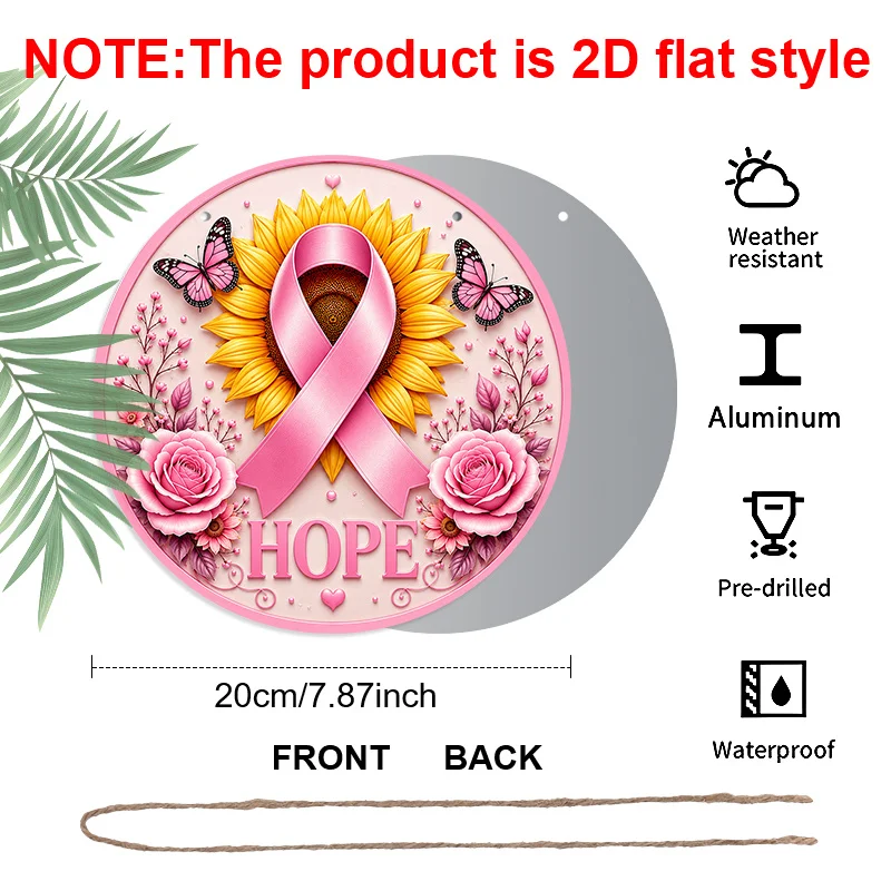 2D Flat, 1pc Breast Cancer Round Aluminum Hanging Sign, Breast Cancer Hope Pink Ribbon Pink Rose Butterfly Metal Wall Decor