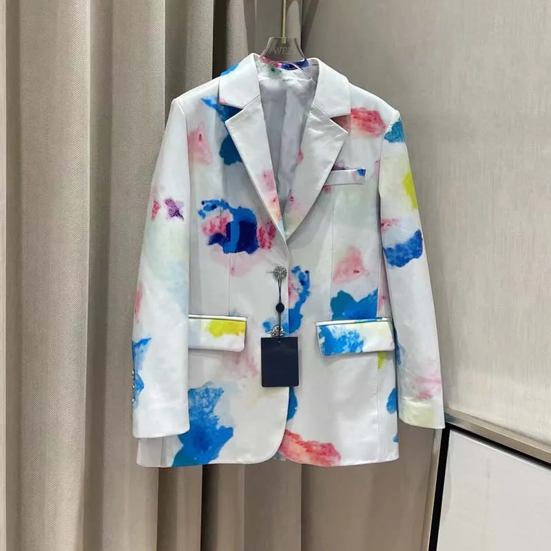 Suit Style Coat Spring Women Genuine Leather Jacket Turn-Down Collar Clothes Colour Printed Pattern Regular Length