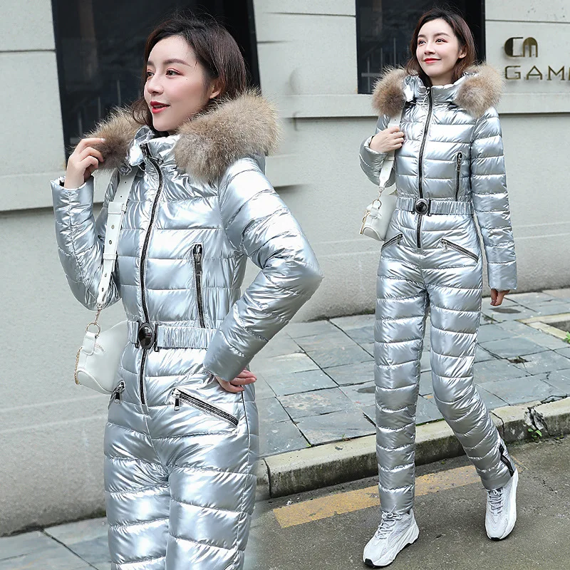 2026 Glossy Down Cotton-padded Jumpsuits Women's Winter Outdoor Sports Ski Suit Thicken Fur-collar Hooded Sets Slim Warm Parkas