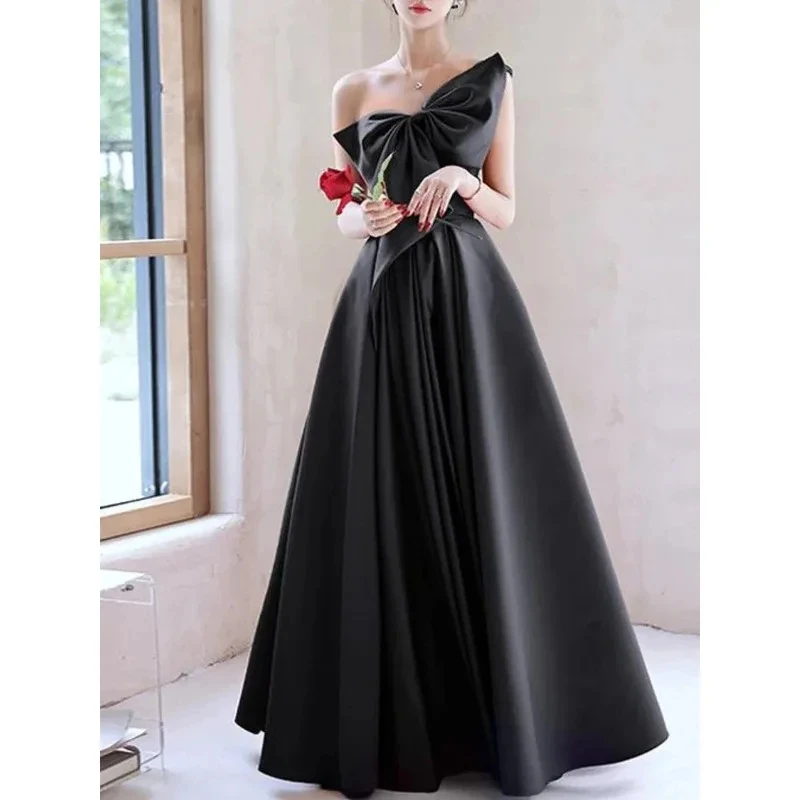 Elegant Temperament Prom Evening Dresses Vestidos Bow Draped One-shoulder Strapless Cross Lace Up Dress Banquet Trendy Party