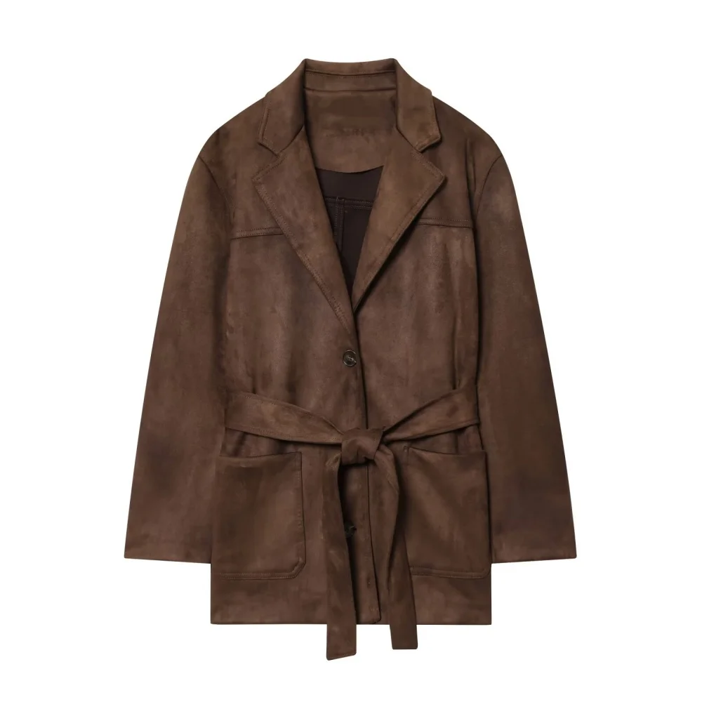 

Taop&Za's new women's loose retro collar long sleeved jacket with waist belt and suede effect jacket jacket