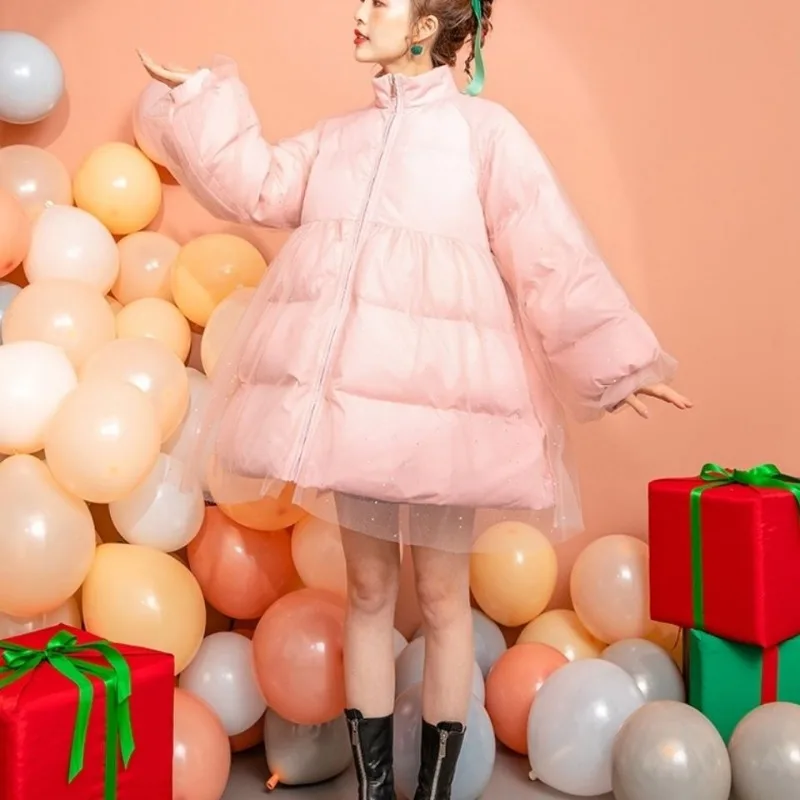 Women's Winter Cotton Coat Top Coat Net Yarn Splicing Bowknot Padded Thickened Warm Fashion Comfortable Versatile Vintage Trend