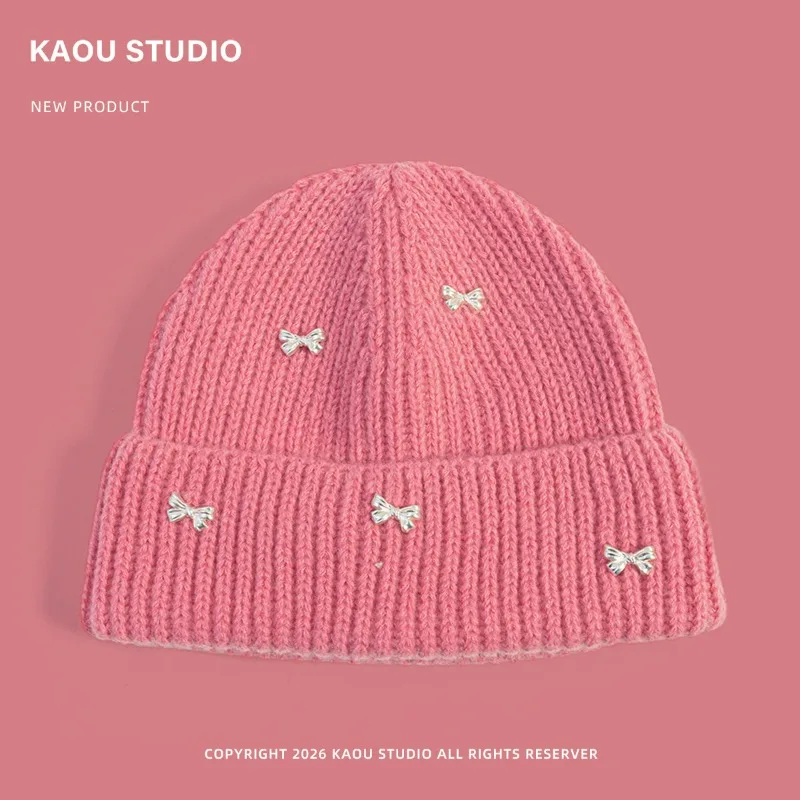 Neue, süße und niedliche Strickmütze mit Schleife, ideal für Herbst und Winter, warm, für Outdoor-Aktivitäten, zum Schutz der Ohren, als bequeme Mütze für Damen. – Detail 8