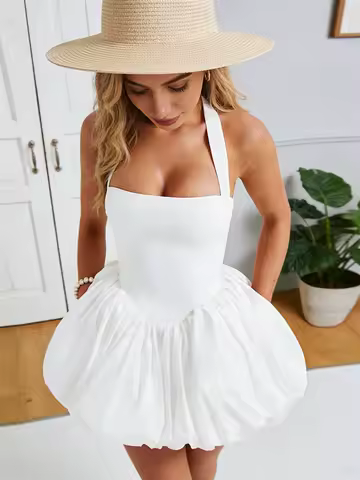Women Halter Dress Summer Tie up Sleeveless Backless Corset Bubble Dress for Party Evening Club Streetwear