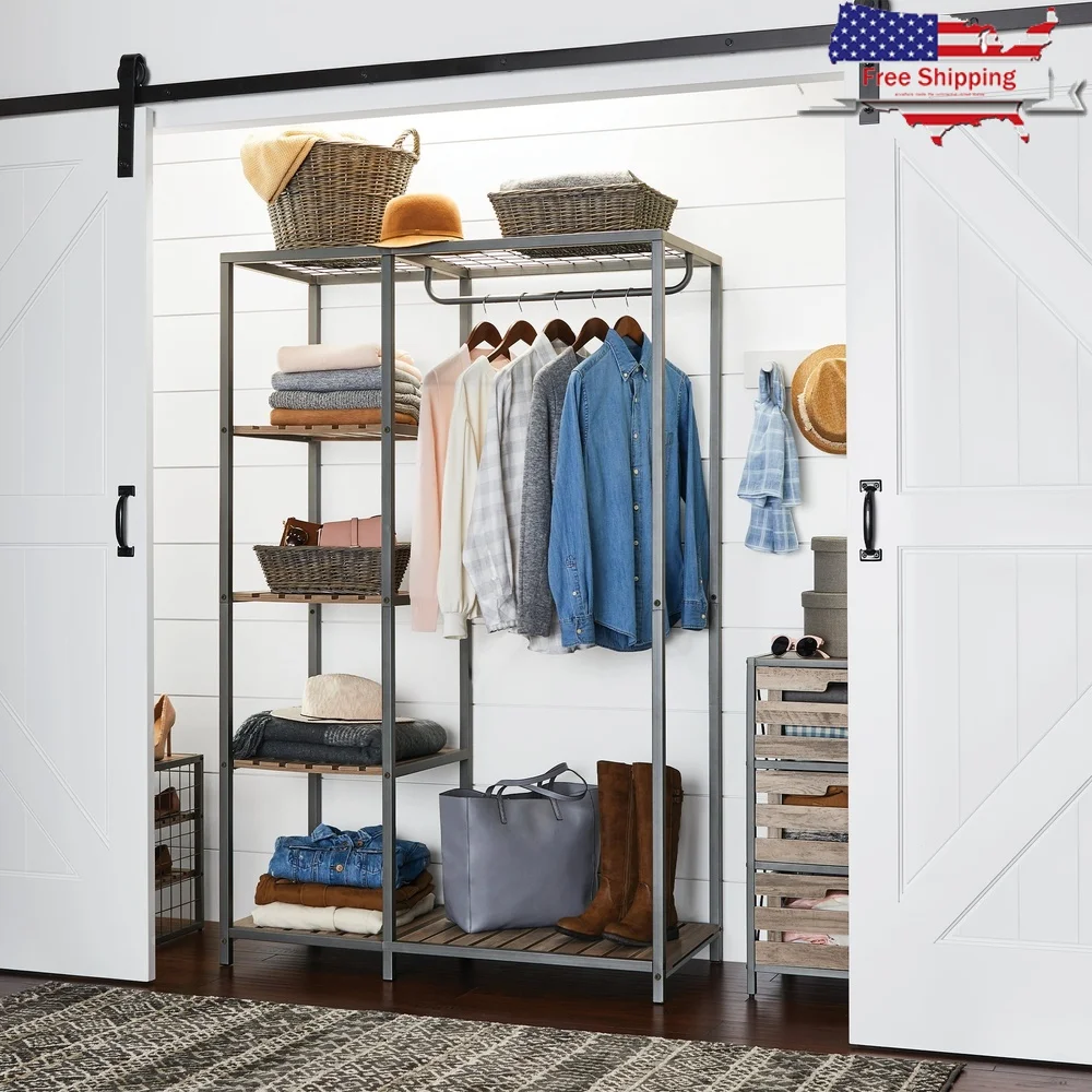 

Farmhouse Gray Wood Metal Garment Rack Storage Organizer with Hanging Rod Shelves Ideal Bedroom Dorm Guest Room