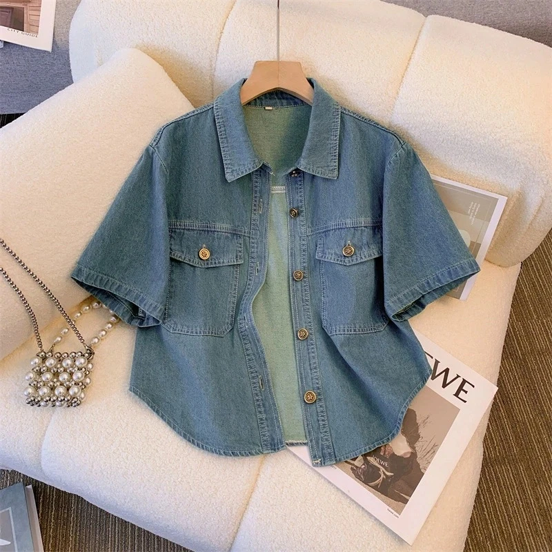 

2025 New Women's Summer Short Sleeve DenimShirt Fashion Versatile Loose Thin Jeans Coat TopCasual Female Clothing