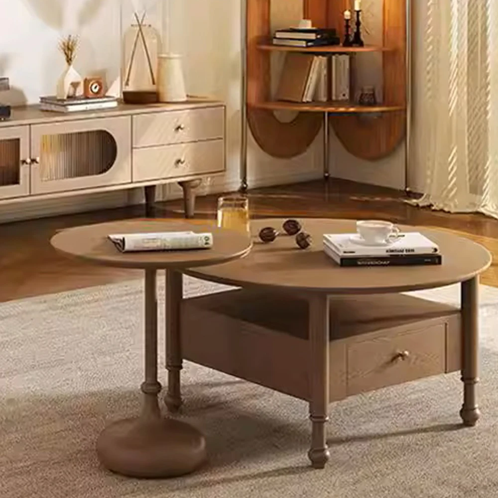 -dd Factory Nordic Living Room Walnut Coffee Table Wood Luxury Round Coffee Table With Drawer