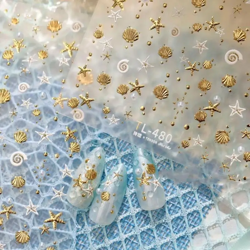 Gold Stamped Shell Conch Scallop Starfish Pearl 5D Embossed Self Adhesive Nail Art Stickers Delicate Ocean Style Manicure Decal