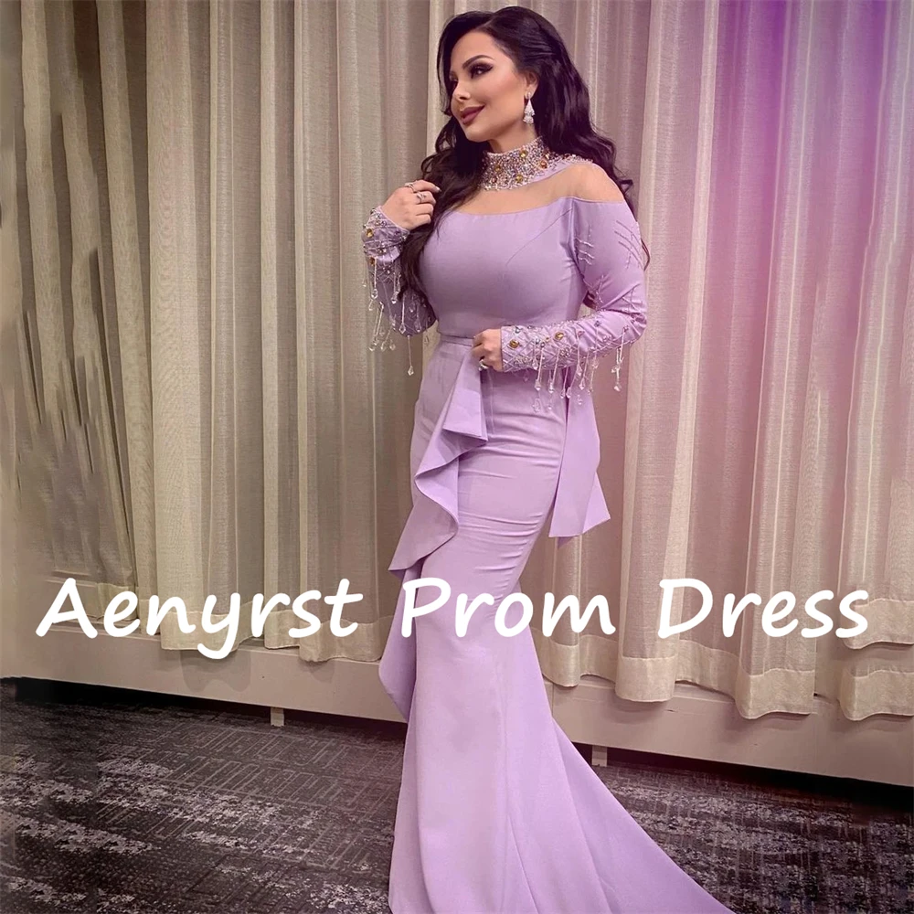 Aenyrst Purple Long Sleeves Crystal Saudi Arabia Prom Dresses Mermaid High Collar Evening Gowns Floor Length Dinner Party Dress