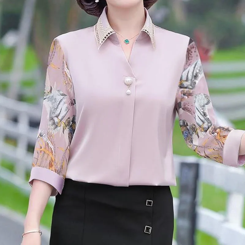 

Elegant Printed Spliced Solid Color Chiffon Tops Women's Clothing Summer Casual Office Lady 3/4 Sleeve Polo-Neck T-shirt