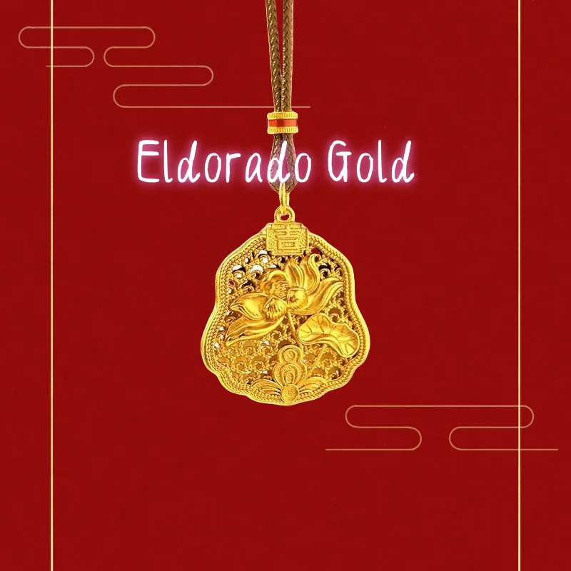 

9999 real glod Sand gold ancient method filigree fan surface Great Fortune character lotus pendant, hollowed-out filigree neckla