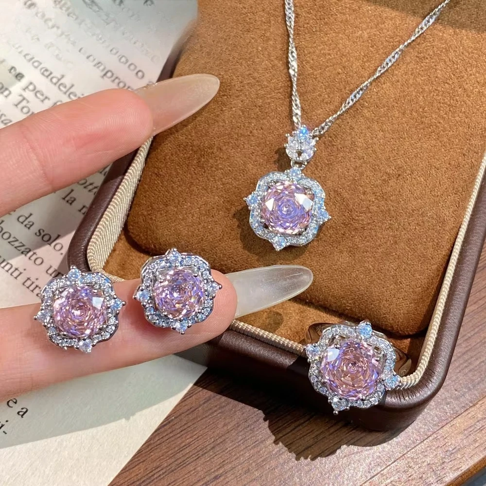 Fashion Luxurious 925 Silver Octagonal Millennium Rose Cut Pendant Necklace Ear Studs Colorful Zirconia Ring Set