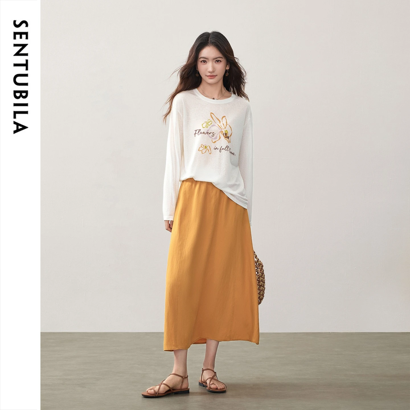 SENTUBILA Women's Lyocell Korean Suit 2026 Autumn Simple Commuter Crew Neck Loose T-Shirt A-Line Skirt 2 Pieces Set 163ZL7961