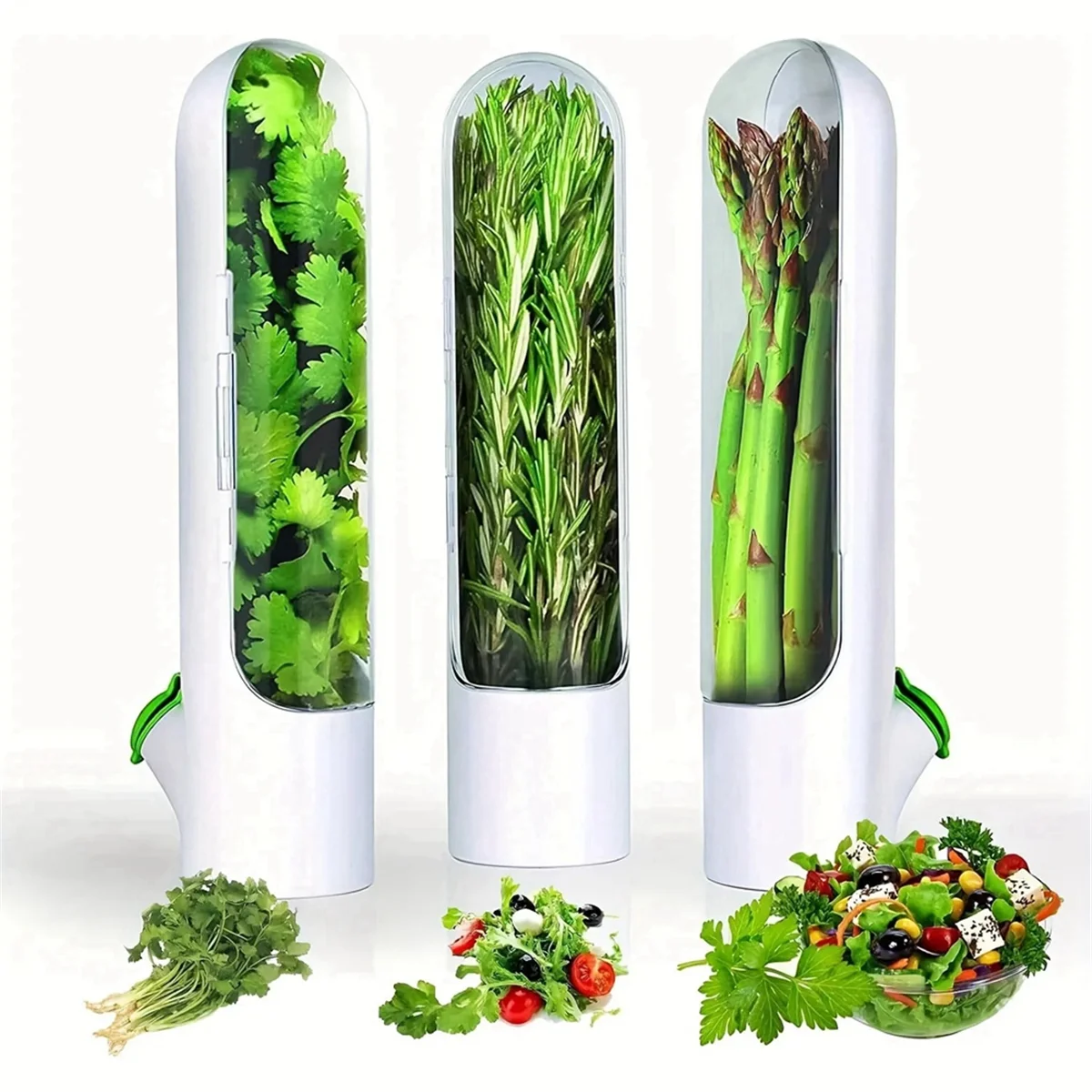 HHTL 3 contenitori per la conservazione delle verdure, tazze per la freschezza delle erbe, organizer da cucina e scatola portaoggetti
