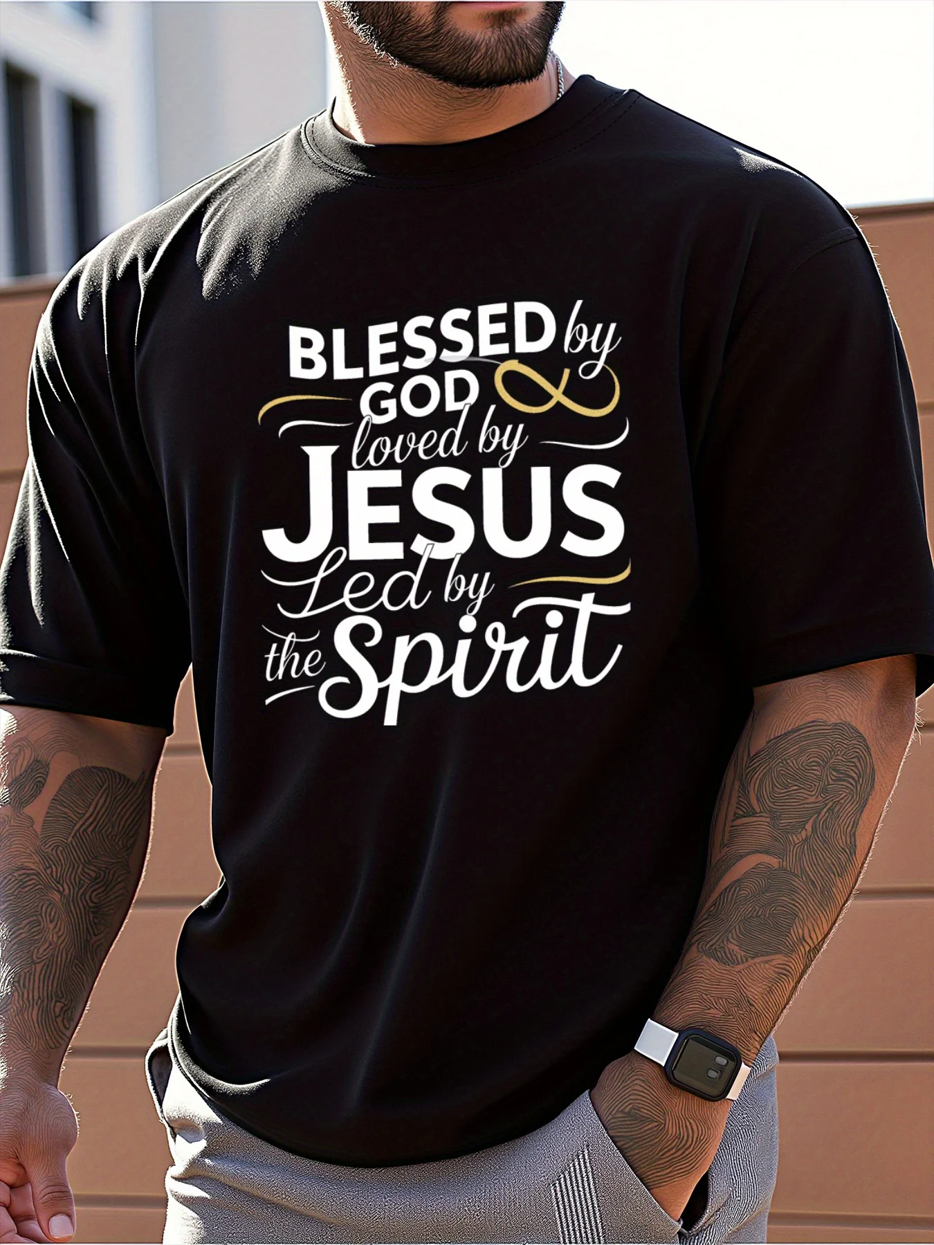 

Men's Religious Faith T-Shirt - "Blessed by God, Loved by Jesus, LED by the Spirit" Inspirational Print
