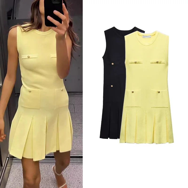 فستان نسائي جديد لفصل الربيع برقبة مستديرة بدون أكمام مع جيوب مزينة وطيات واسعة، تنورة ميني متماسكة بتصميم A-Line وخصر مرتفع