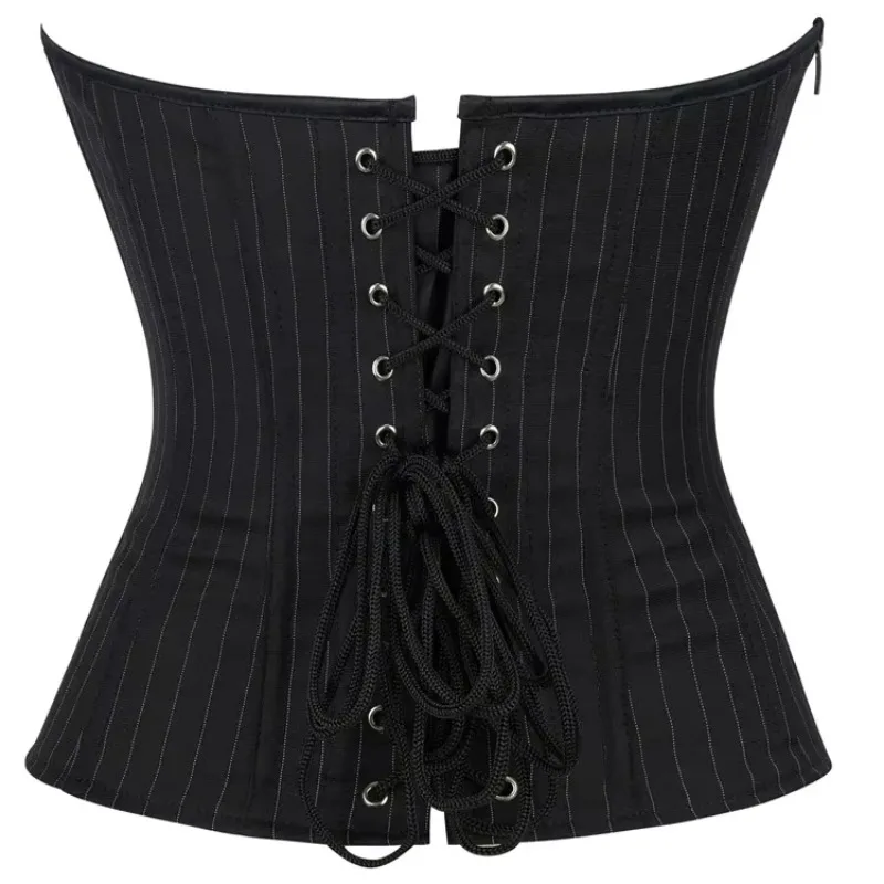 Women Black Striped Overbust Corset Bras Striped Office Costume Lace-Up Boned Zipper Corset Sexy Strapless Bustier Top