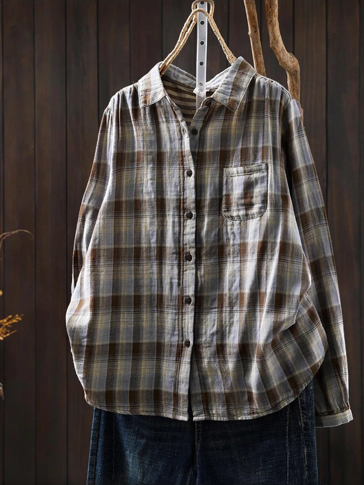 

Женская повседневная рубашка с длинным рукавом, Новое поступление, осень 2025 года, винтажный стиль, клетчатый узор, свободные женские хлопковые топы, рубашки M2037