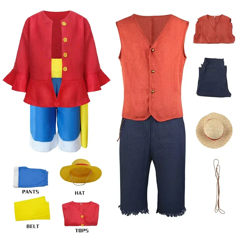 Film Monkey D. Luffy Cosplay Kostüm Anime Kinder Uniform Strohhut Hosen Rot Top Full Set Halloween Karneval Party für Männer Frauen